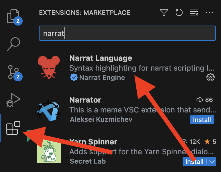 Narrat VS Code extension install process
